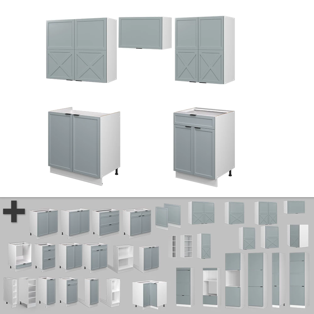 Nahaufnahme von Küchenzeile in Hellblau-grau/Weiß, zeigt Design- und Oberflächendetails