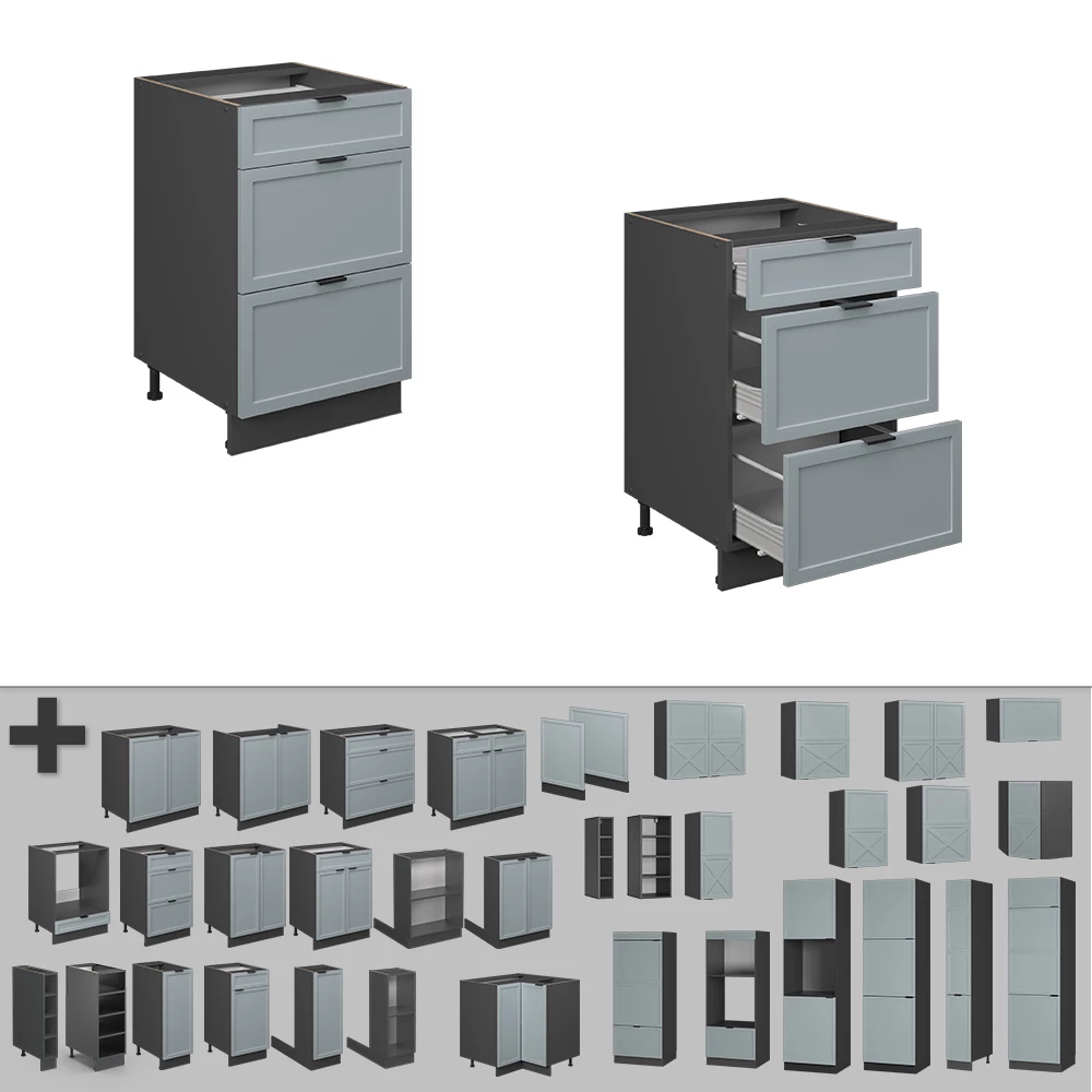 Nahaufnahme von Schubladenunterschrank in Hellblau-grau, zeigt Design- und Oberflächendetails