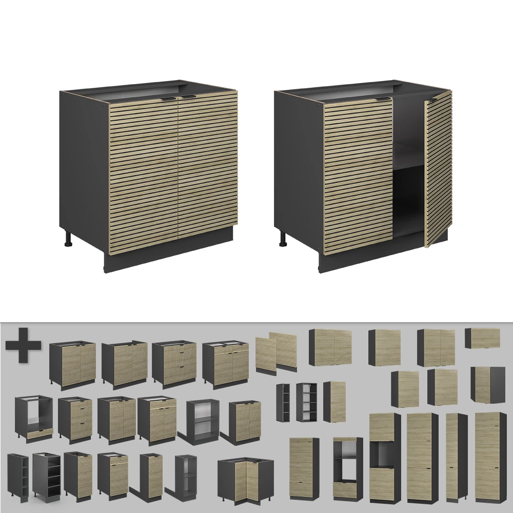 Nahaufnahme von Spülenunterschrank in Eiche Paneel, zeigt Design- und Oberflächendetails