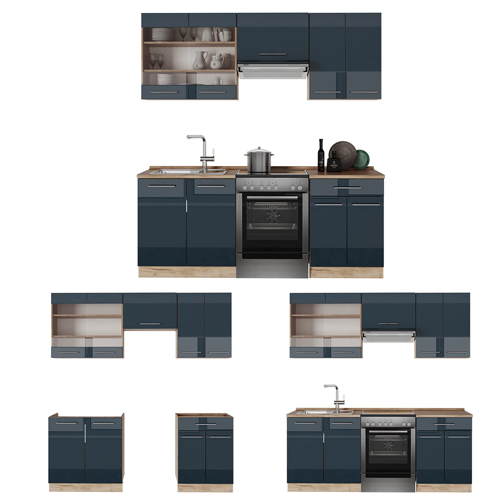 keukenkasten in Donkerblauw hoogglans/gouden eik on white background with decorative elements