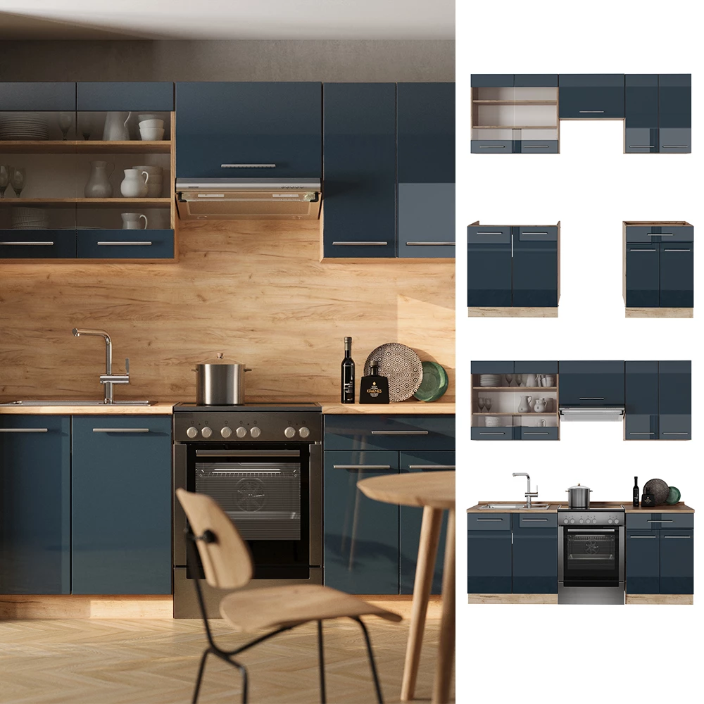 keukenkasten in Donkerblauw hoogglans/gouden eik, shown in ambient setting and on white background