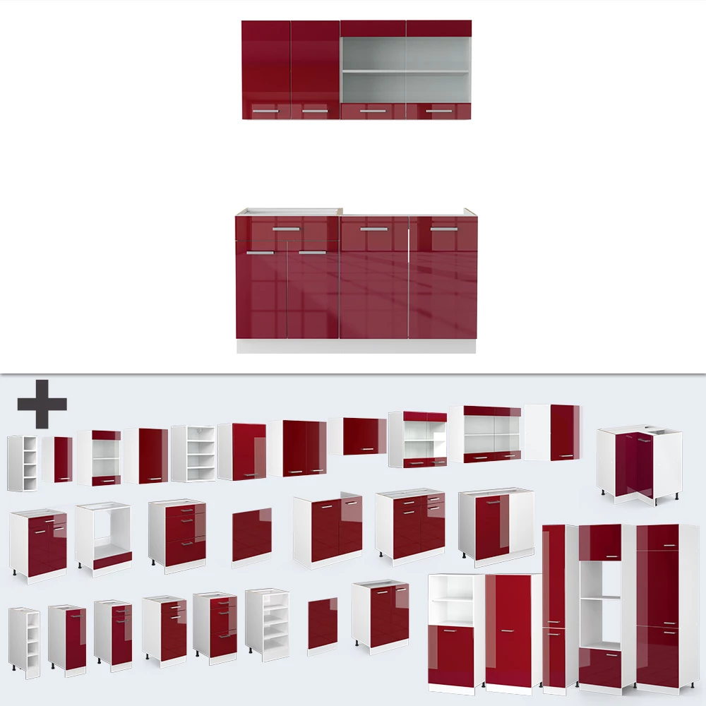 Nahaufnahme von Singleküche in Bordeaux Hochglanz/Weiß, zeigt Design- und Oberflächendetails