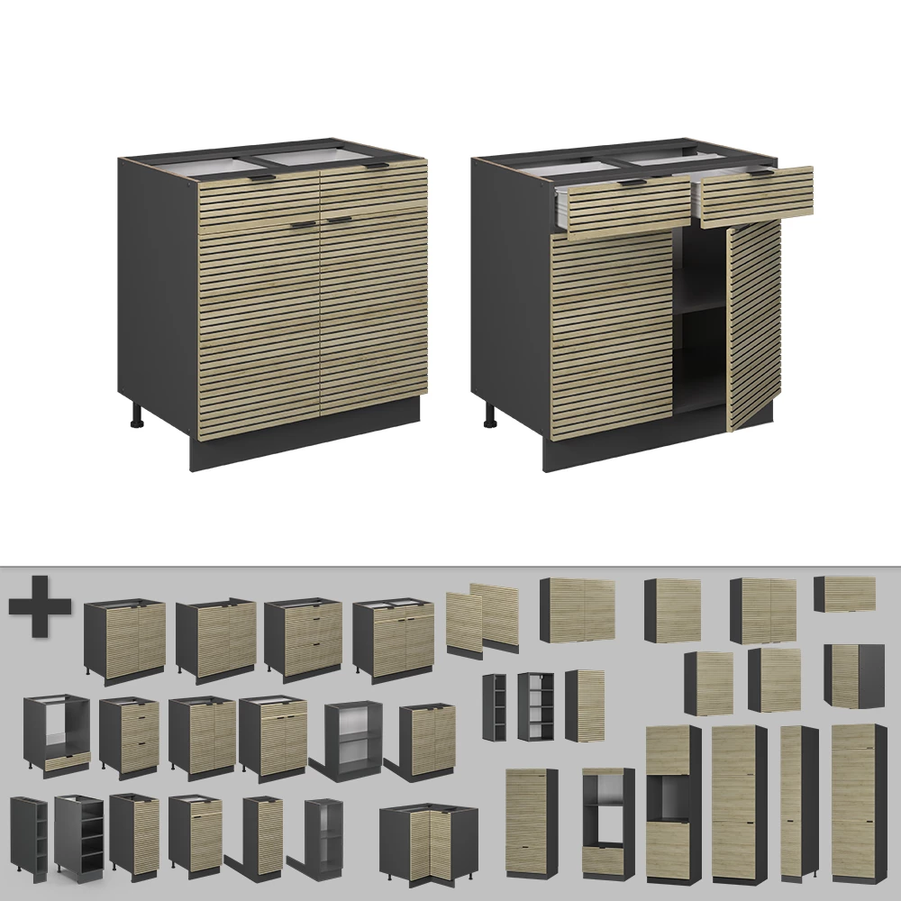 Nahaufnahme von Küchenunterschrank in Eiche Paneel, zeigt Design- und Oberflächendetails