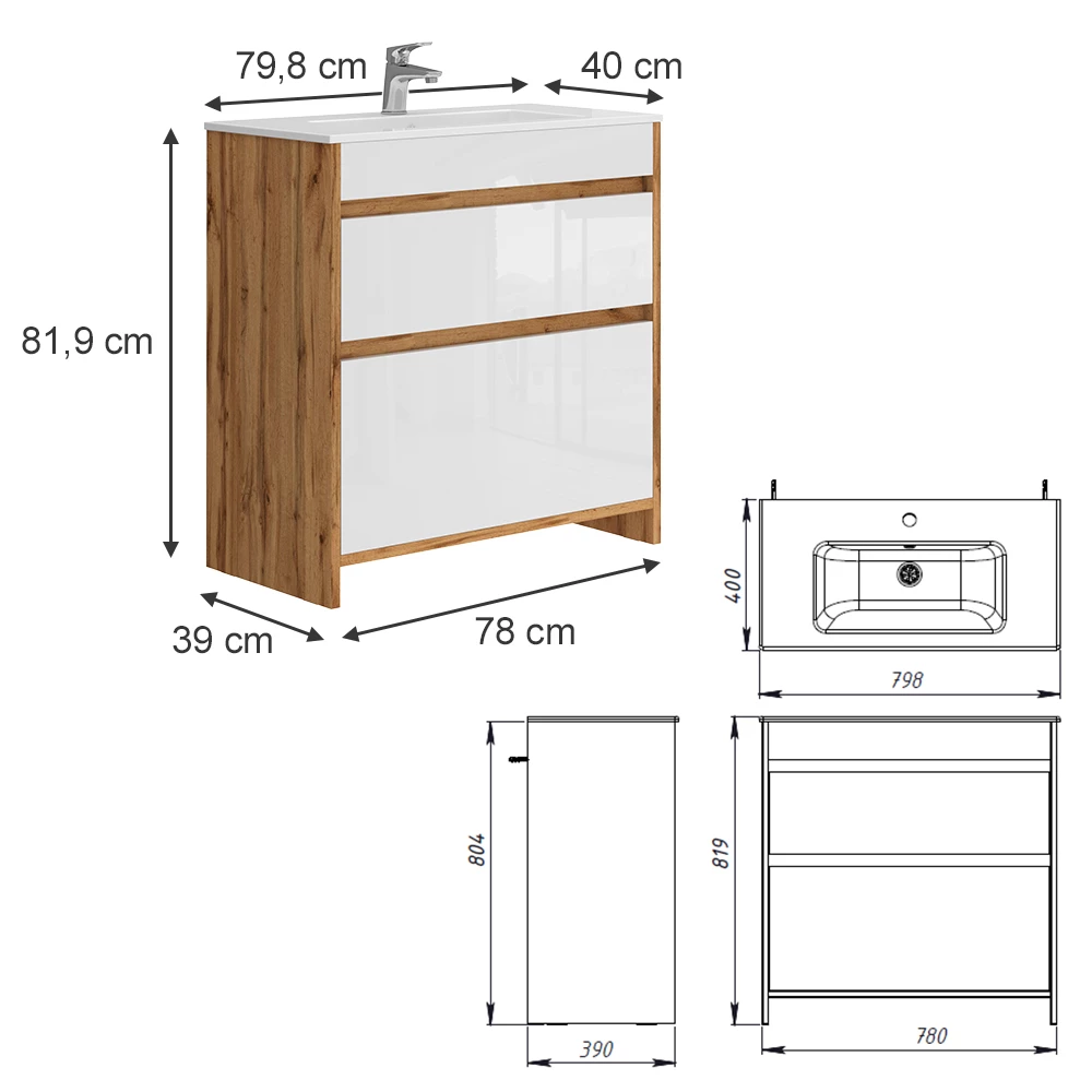 Vicco Waschbeckenunterschrank Goldkraft Eiche 2 Teile, Unterschrank 80 cm, Detmold