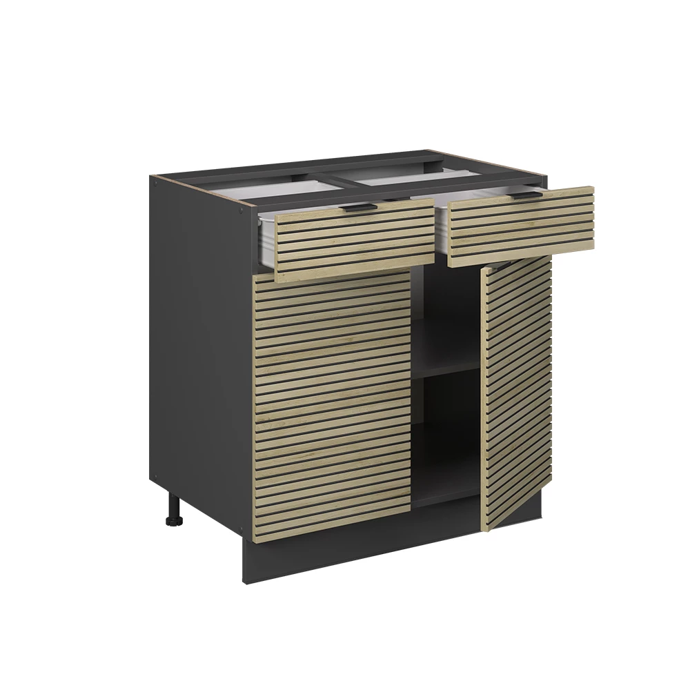 Nahaufnahme von Küchenunterschrank in Eiche Paneel, zeigt Textur/Details