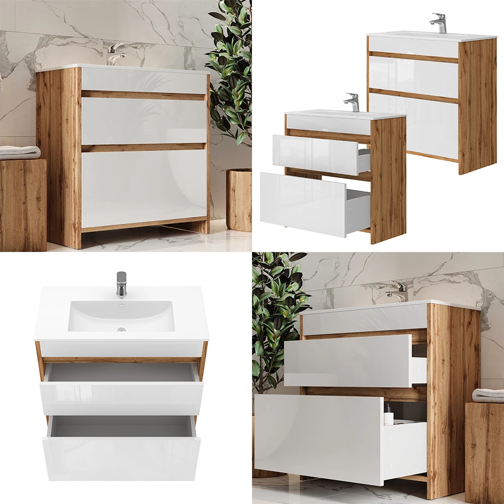 Vicco Waschbeckenunterschrank Goldkraft Eiche 2 Teile, Unterschrank 80 cm, Detmold