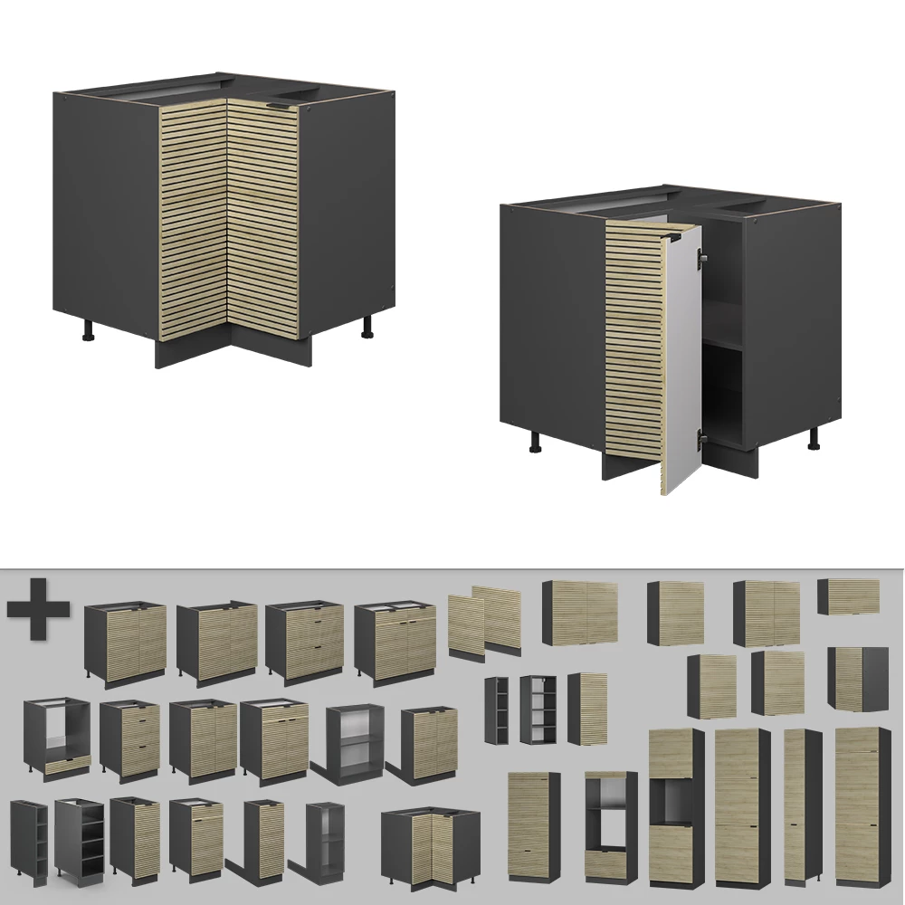Nahaufnahme von Eckschrank in Eiche Paneel, zeigt Design- und Oberflächendetails