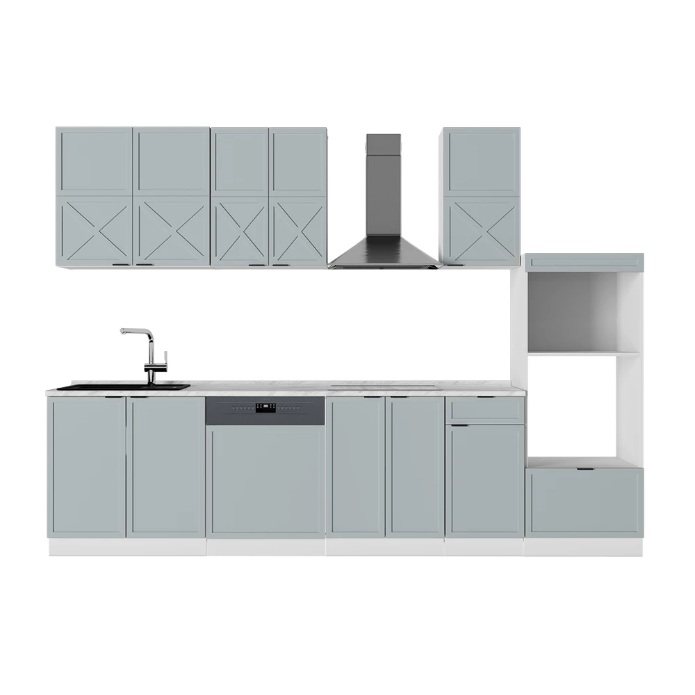 Cuisine en Bleu clair-gris/blanc sur fond blanc