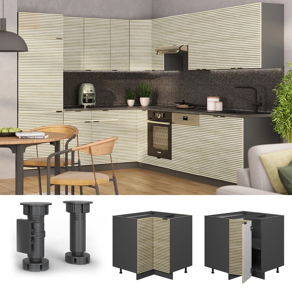 Eckschrank in Eiche Paneel, dargestellt im Ambiente mit Dekoration