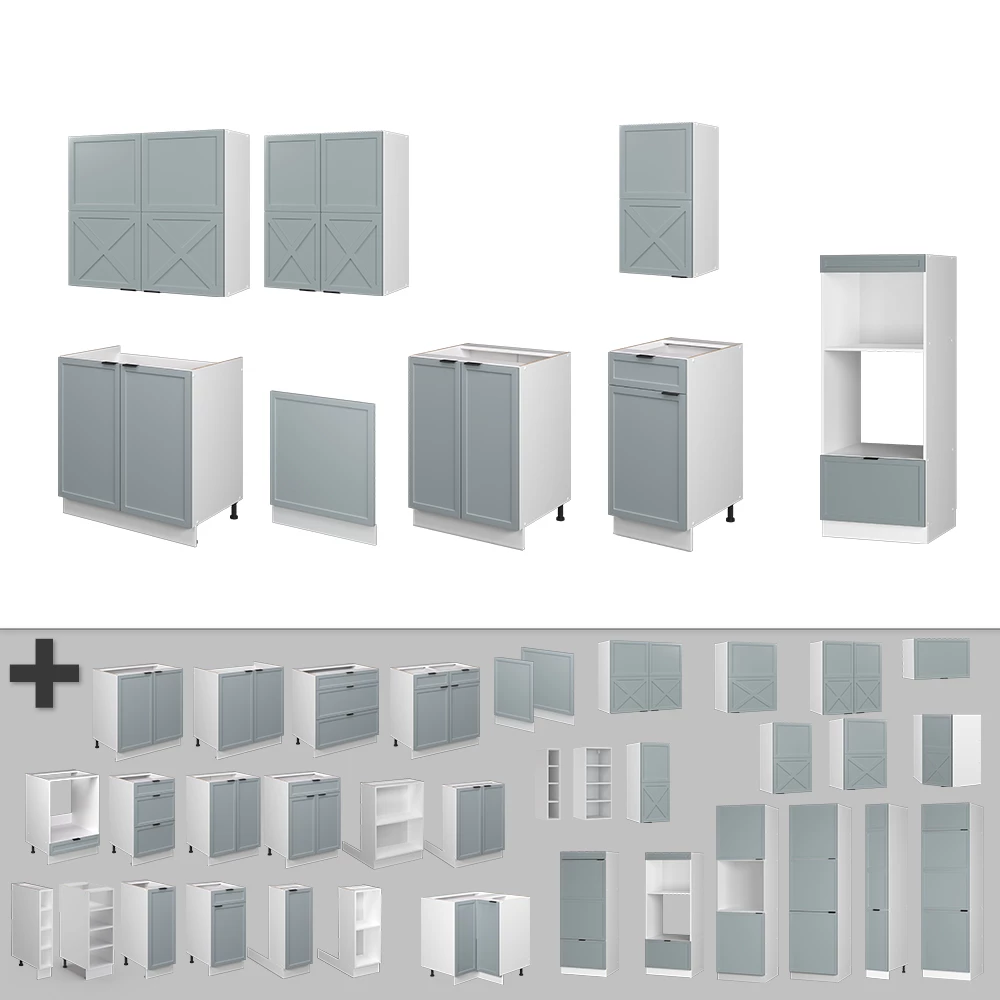 Gros plan de Cuisine en Bleu clair-gris/blanc, montrant le design et les détails de surface