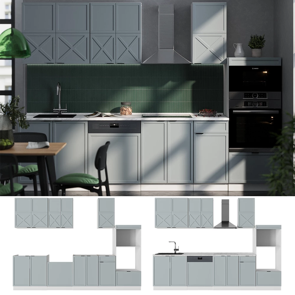 Cuisine en Bleu clair-gris/blanc, présenté dans un décor ambiant et sur fond blanc