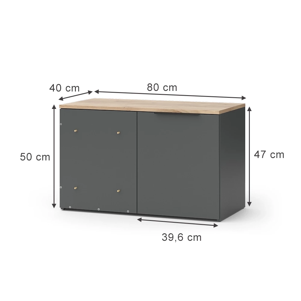 Eckkommode in Anthrazit auf weißem Hintergrund mit sichtbaren Maßen