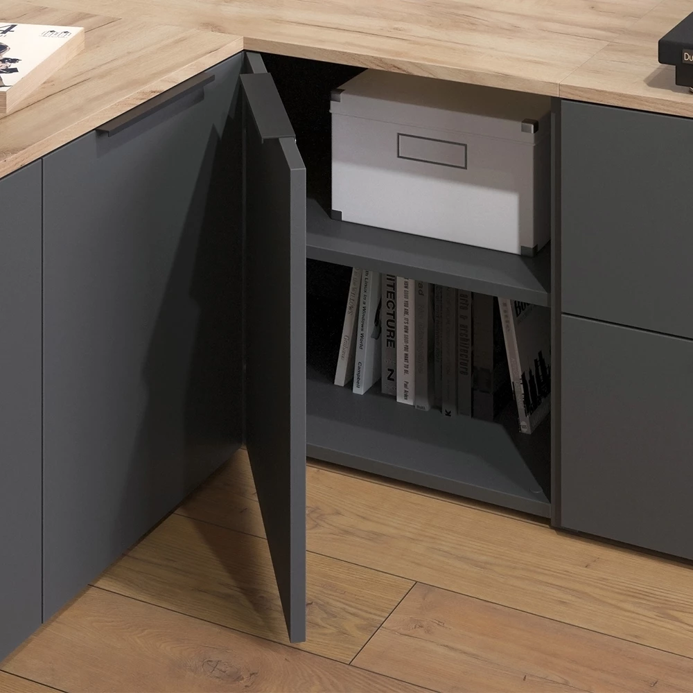 Nahaufnahme von Eckkommode in Anthrazit, zeigt Textur/Details