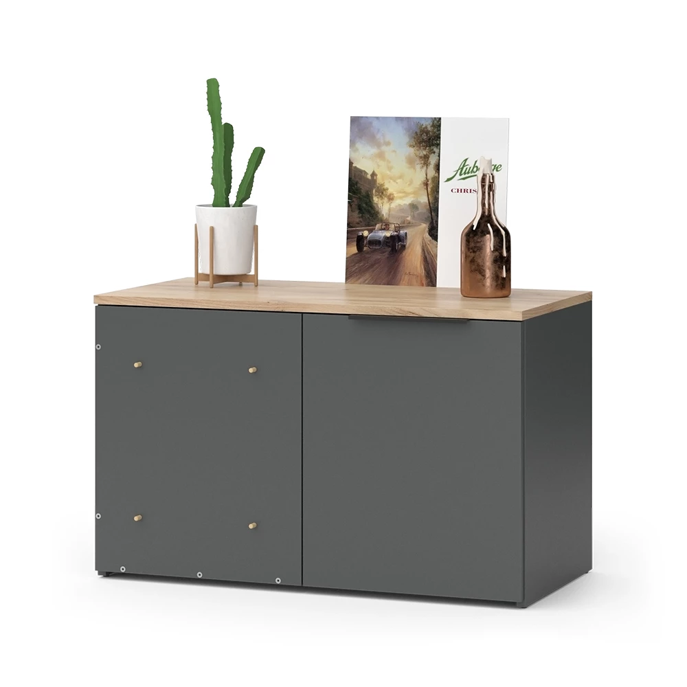 Eckkommode in Anthrazit auf weißem Hintergrund mit dekorativen Elementen