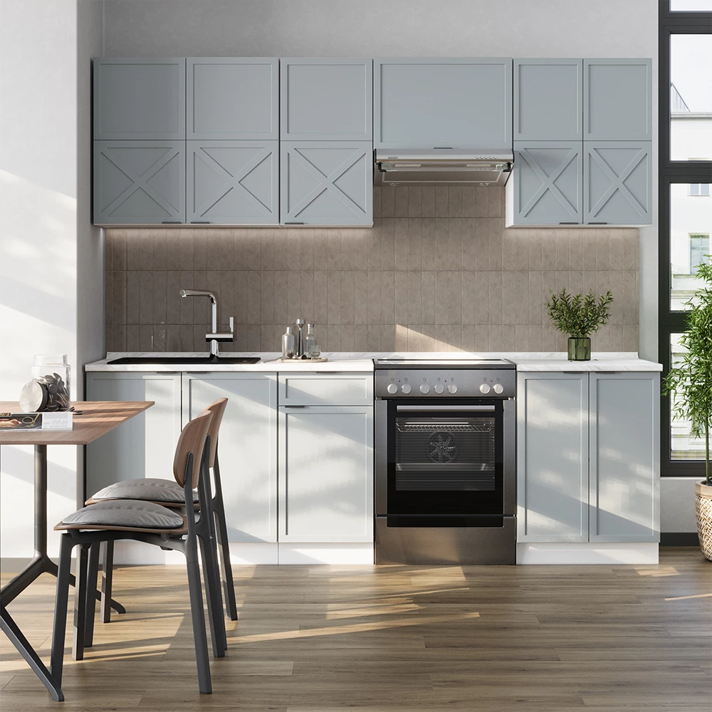 Čajna kuhinja u boji Hellblau-grau/Weiß na bijeloj pozadini