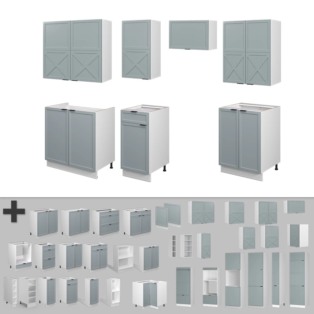 Gros plan de Cuisine en Bleu clair-gris/blanc, montrant le design et les détails de surface