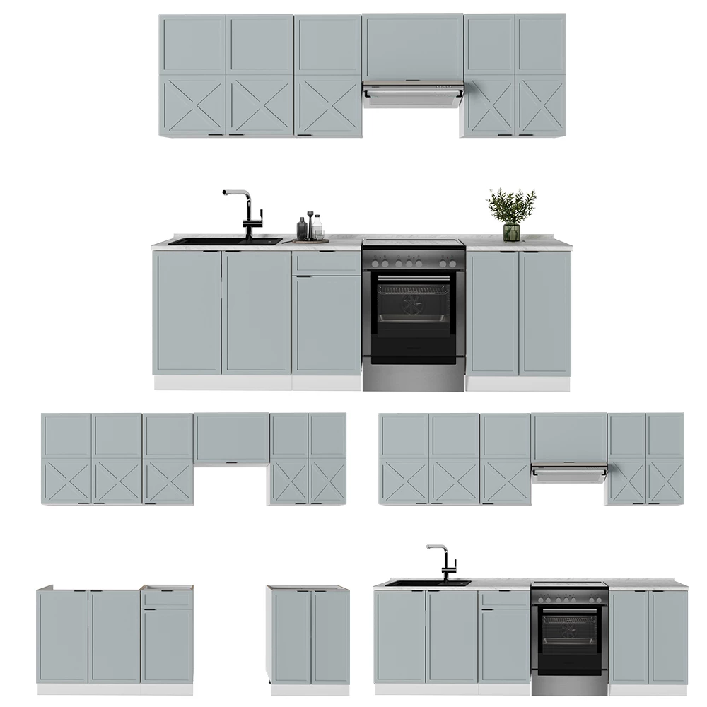 Cuisine en Bleu clair-gris/blanc sur fond blanc avec des éléments décoratifs