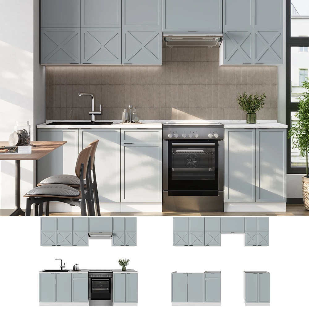 Cuisine en Bleu clair-gris/blanc, présenté dans un décor ambiant et sur fond blanc