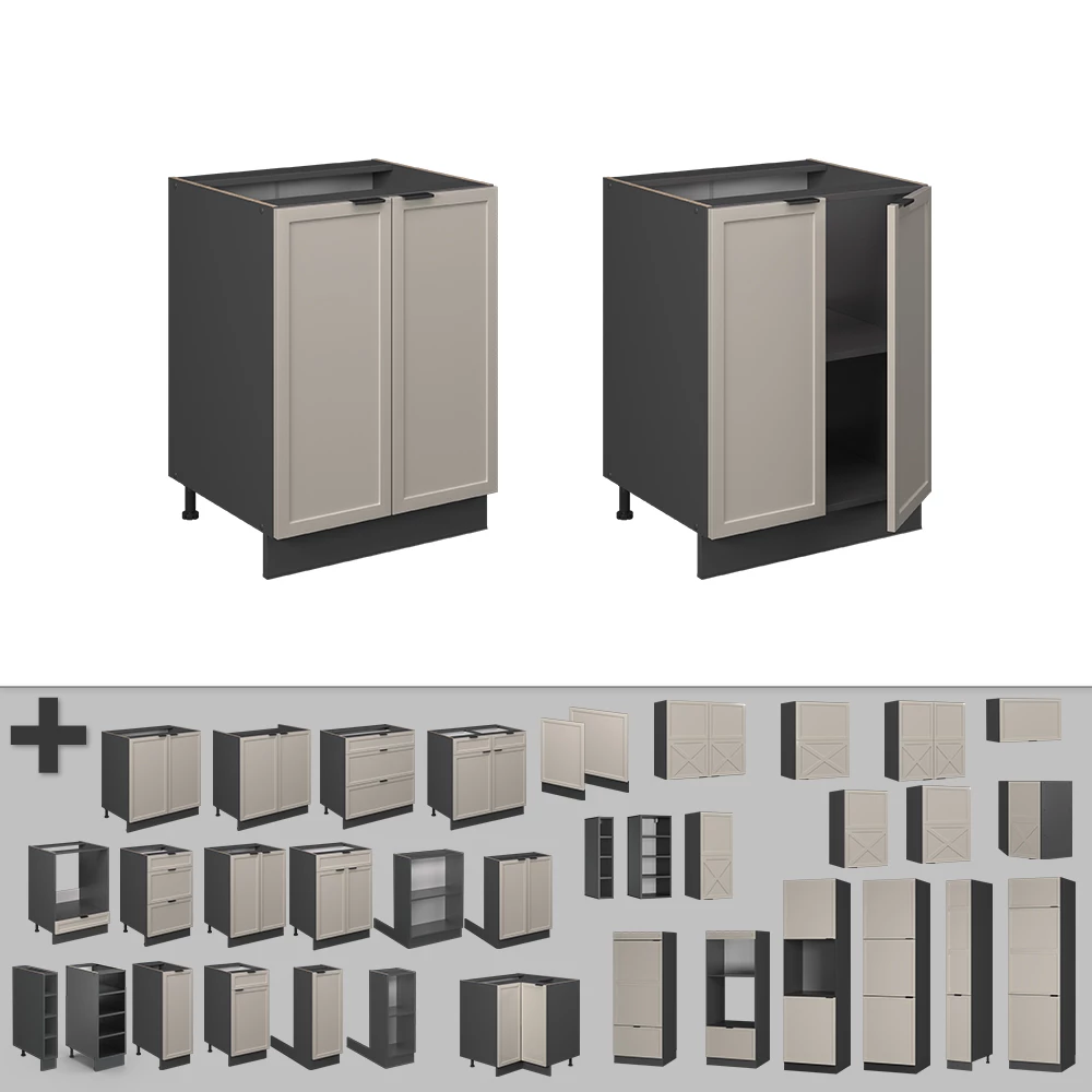 Nahaufnahme von Küchenunterschrank in GrauBeige, zeigt Design- und Oberflächendetails