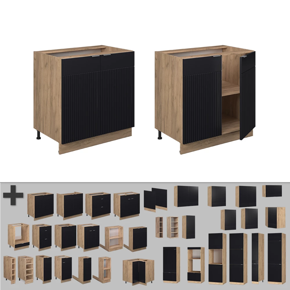 Nahaufnahme von Spülenunterschrank in Schwarz gestreift, zeigt Design- und Oberflächendetails