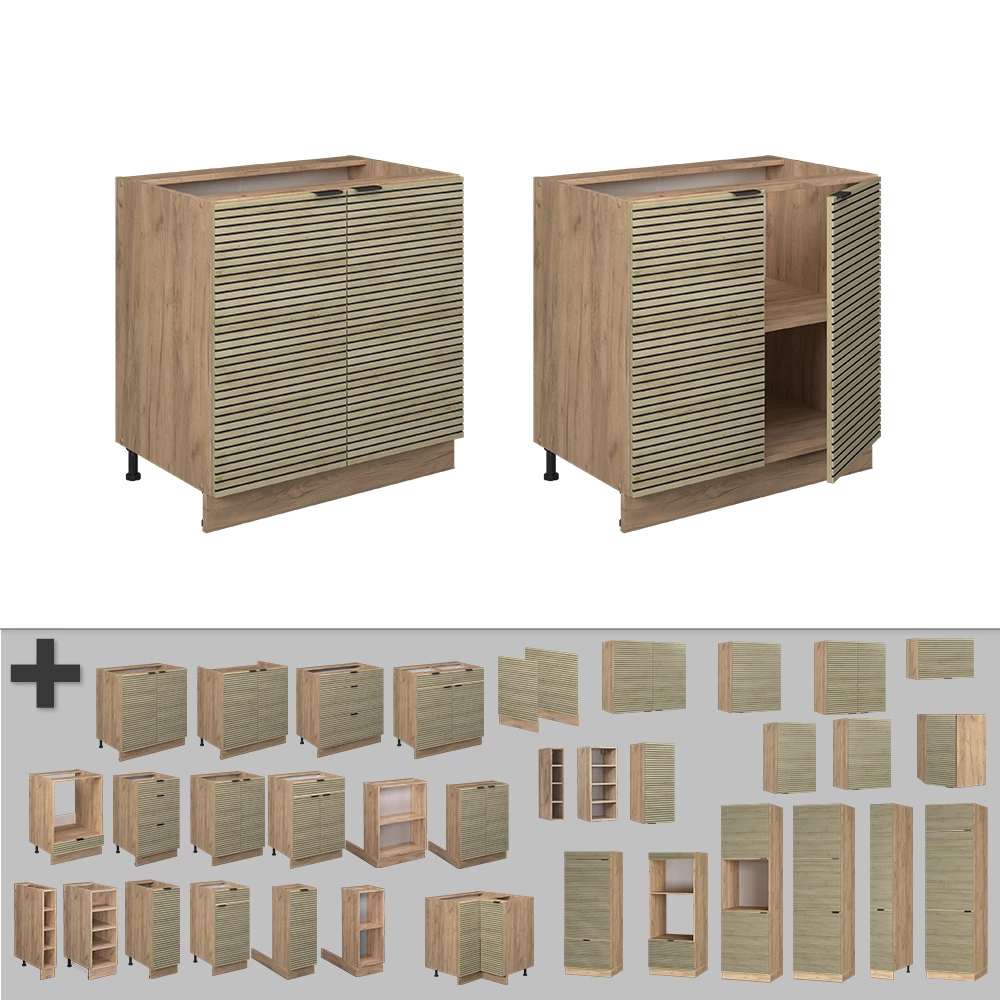 Nahaufnahme von Küchenschrank in Eiche Paneel, zeigt Design- und Oberflächendetails
