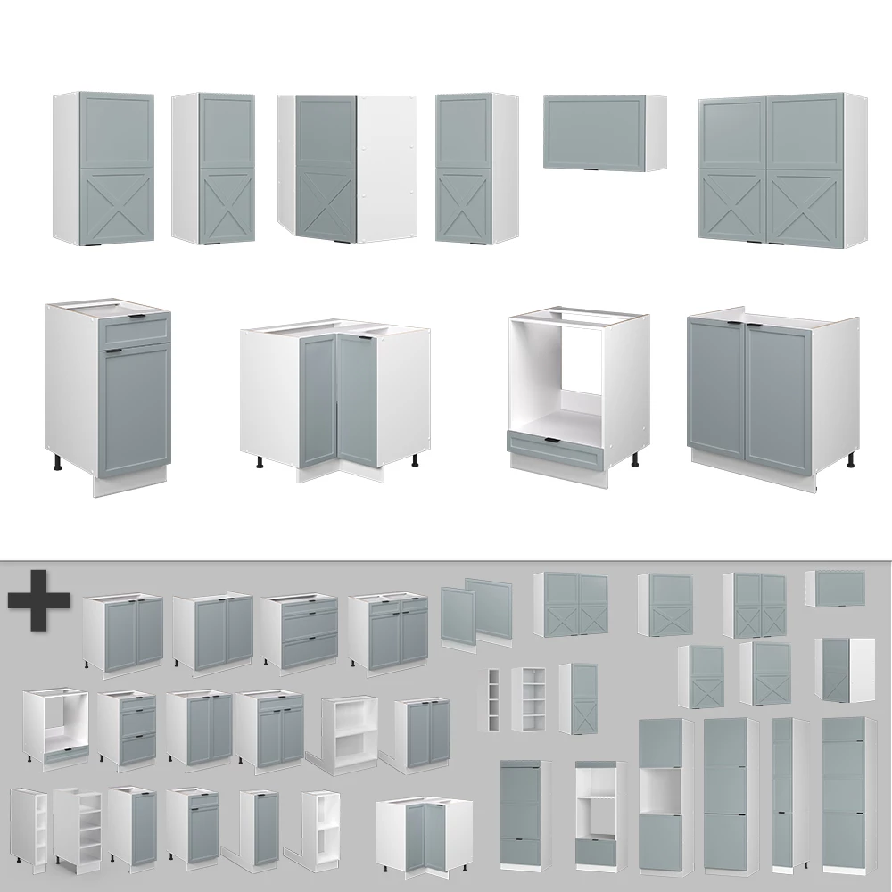 Nahaufnahme von Eckküche in Hellblau-grau/Weiß, zeigt Design- und Oberflächendetails