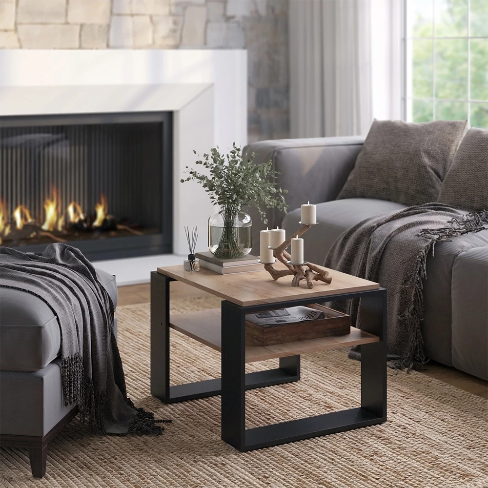 livinity® Couchtisch Goldkraft Eiche 65.6 x 55,8 cm mit Ablage, Helm