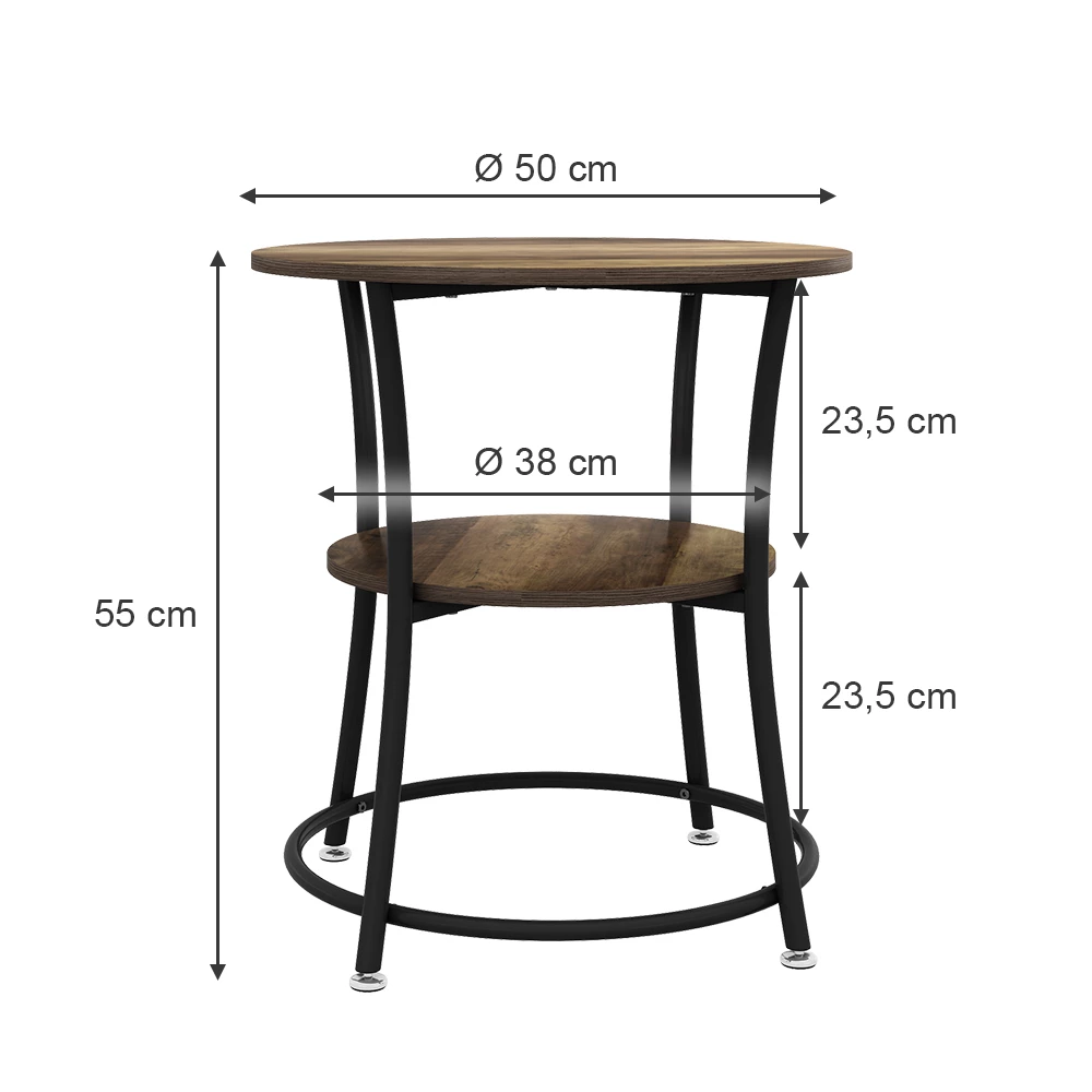 Couchtisch in Antikholz auf weißem Hintergrund mit sichtbaren Maßen