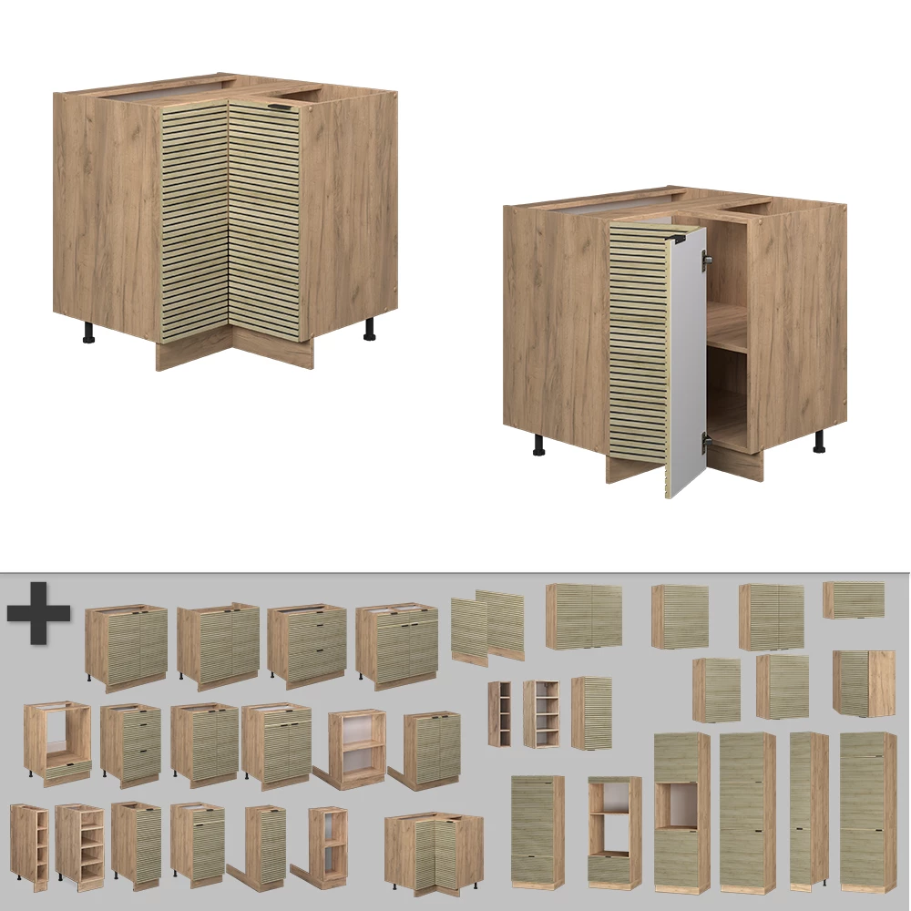 Nahaufnahme von Eckunterschrank  in Eiche Paneel, zeigt Design- und Oberflächendetails