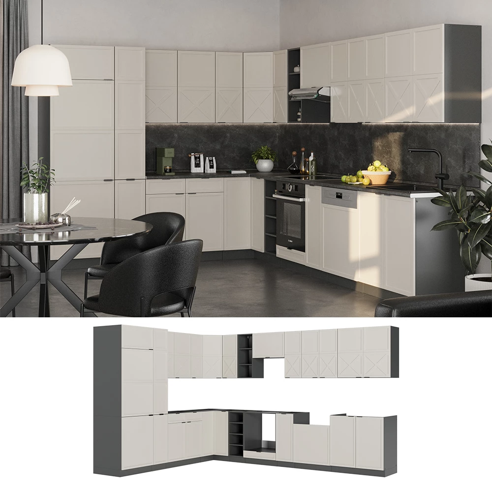 Cuisine en angle en GrisBeige/Anthracite, présenté dans un décor ambiant et sur fond blanc