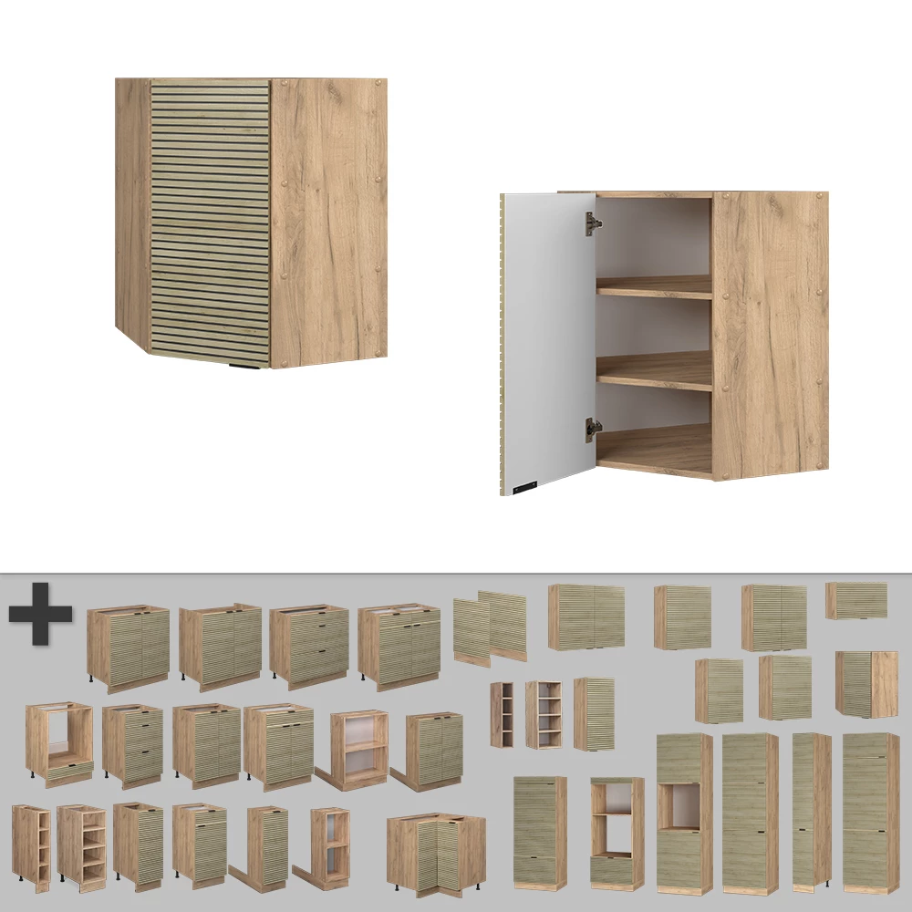 Nahaufnahme von Eckhängeschrank in Eiche Paneel, zeigt Textur/Details