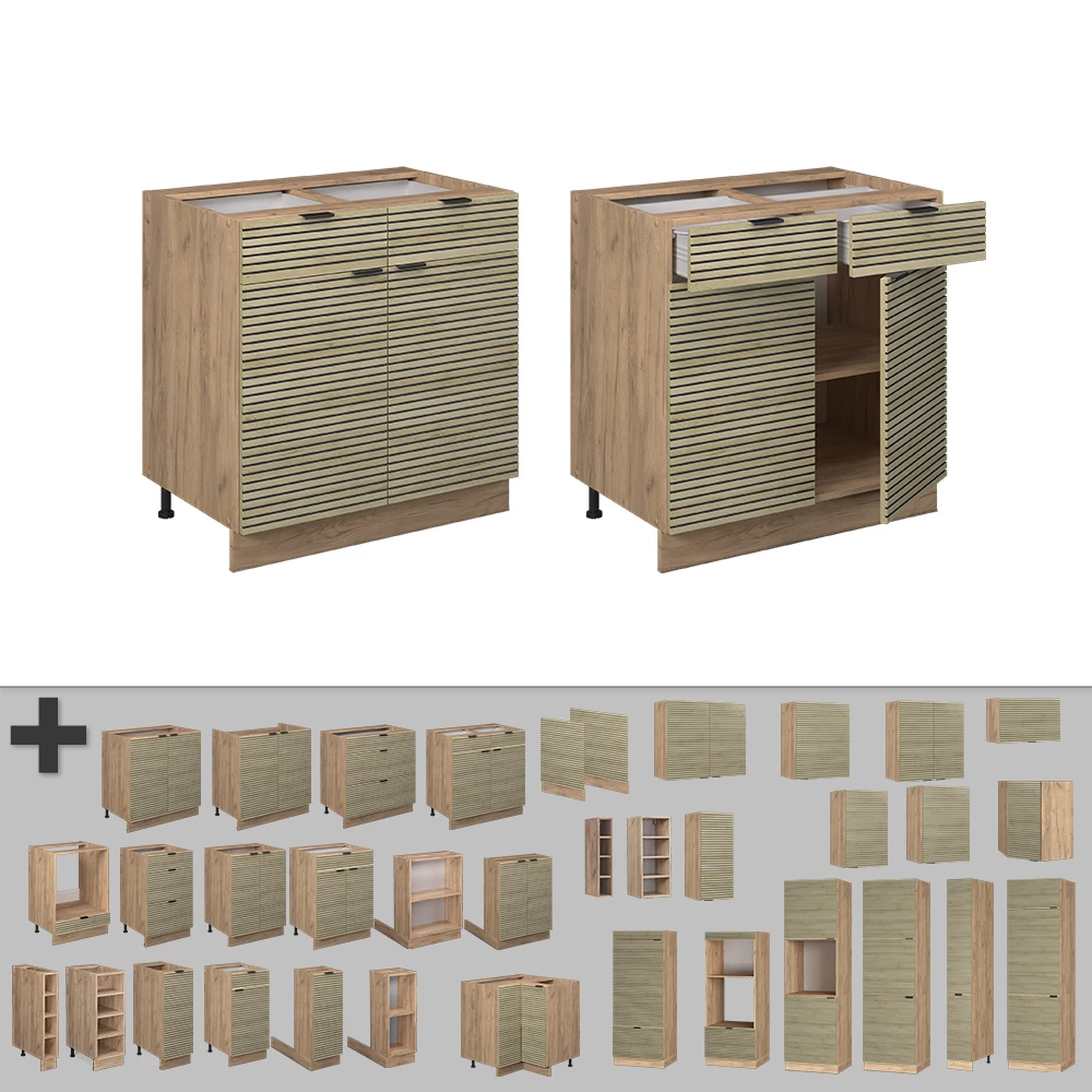 Nahaufnahme von Schubunterschrank  in Eiche Paneel, zeigt Design- und Oberflächendetails