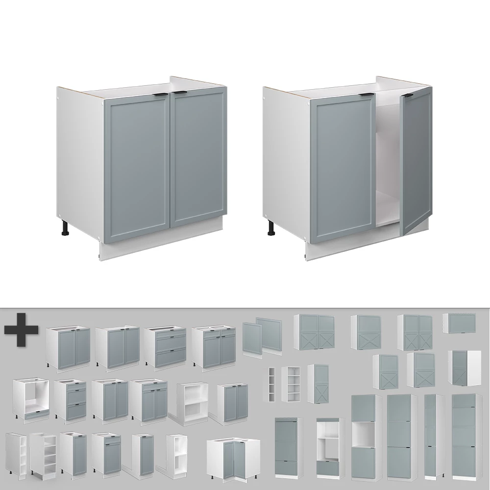 Nahaufnahme von Spülenunterschrank in Hellblau-grau, zeigt Design- und Oberflächendetails