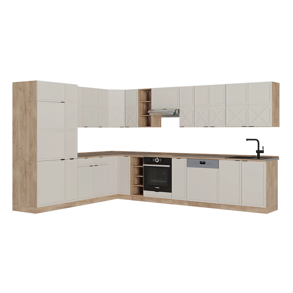 Cocina esquinera en Gris/beige/roble dorado sobre fondo blanco