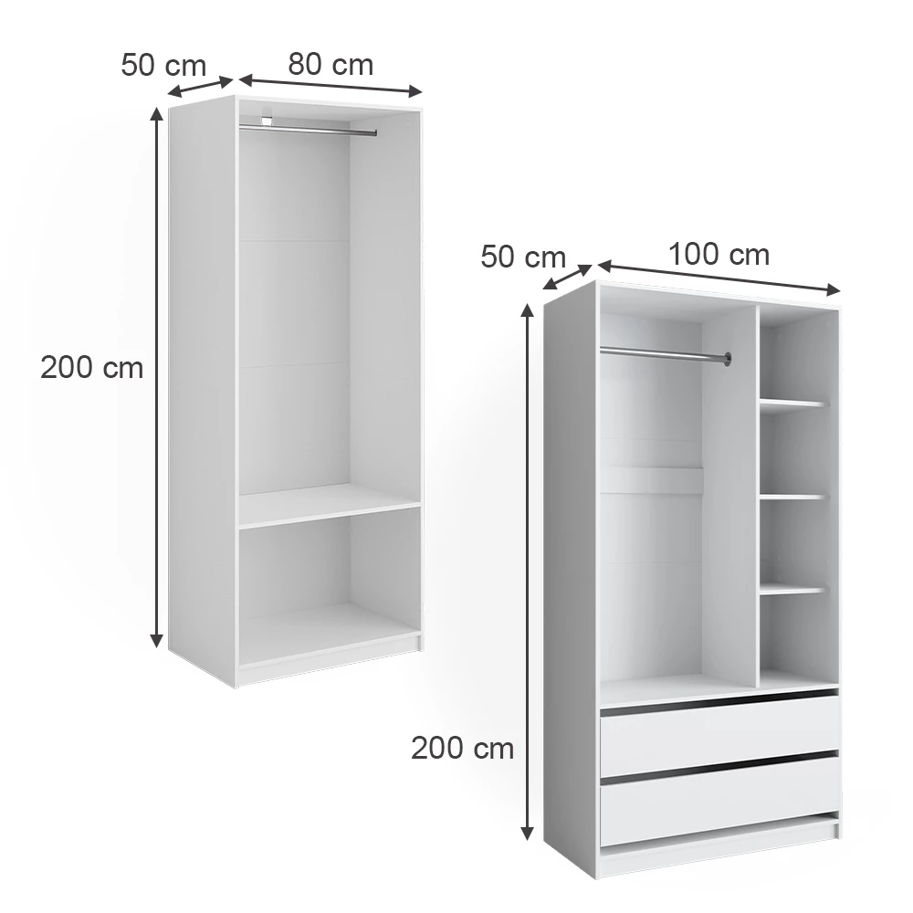Garderobe i farven Hvid på hvid baggrund med synlige dimensioner