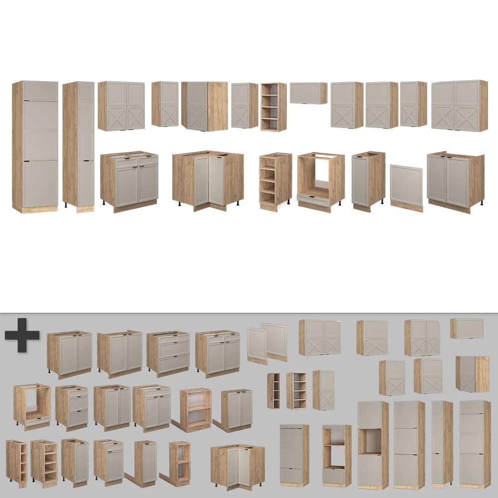 Gros plan de Cuisine en angle en GrisBeige/Chêne doré, montrant le design et les détails de surface