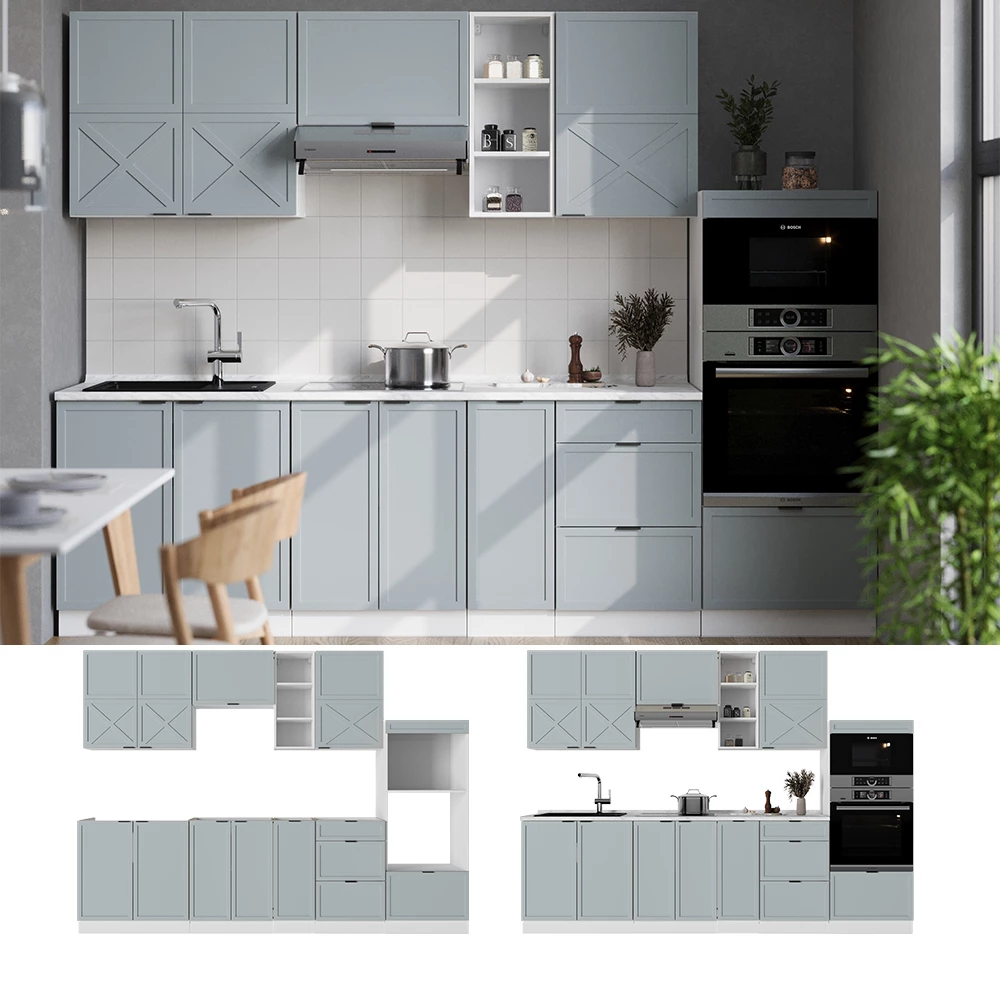 Küchenzeile Fame-Line Hellblau-grau/Weiß 280 cm , AP Marmor livinity®