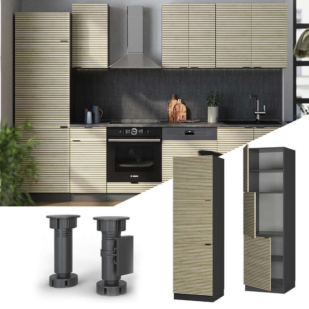 Herdumbauschrank in Eiche Paneel, dargestellt im Ambiente und auf weißem Hintergrund