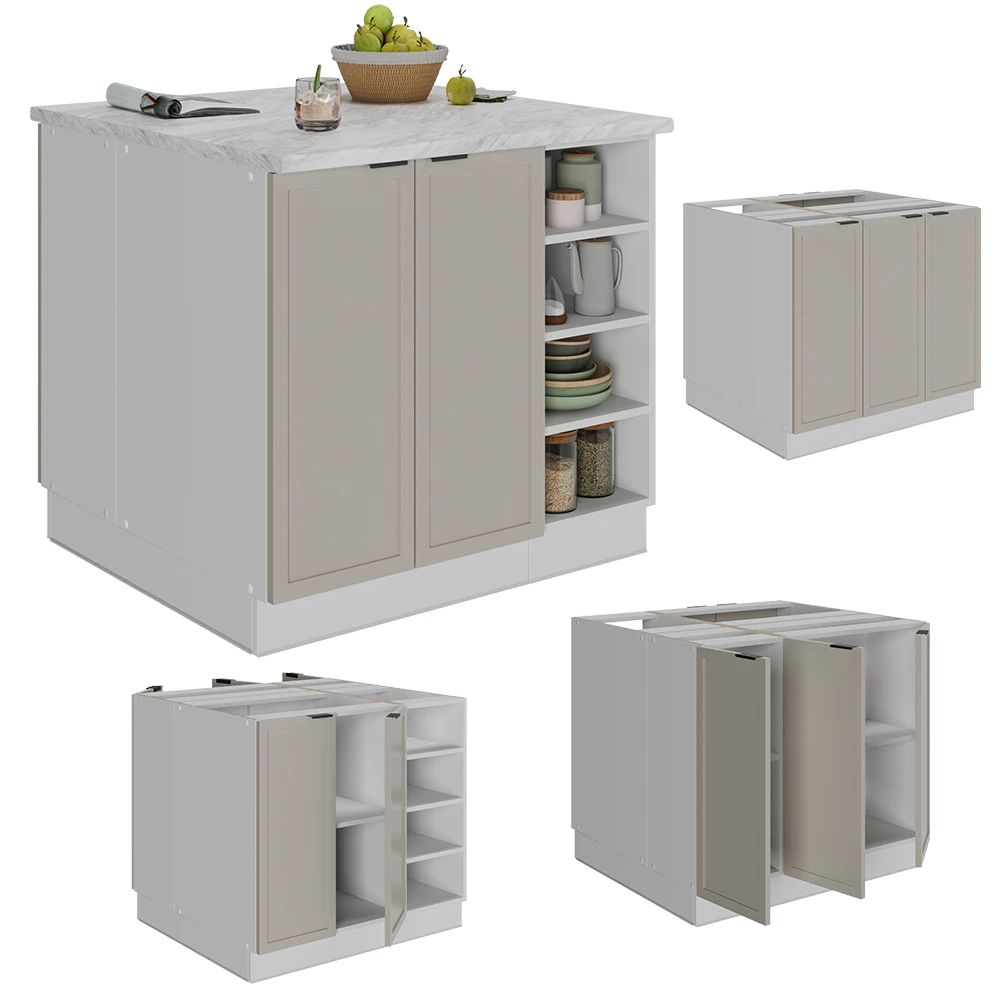 Keukeneiland in GrijsBeige on white background with decorative elements
