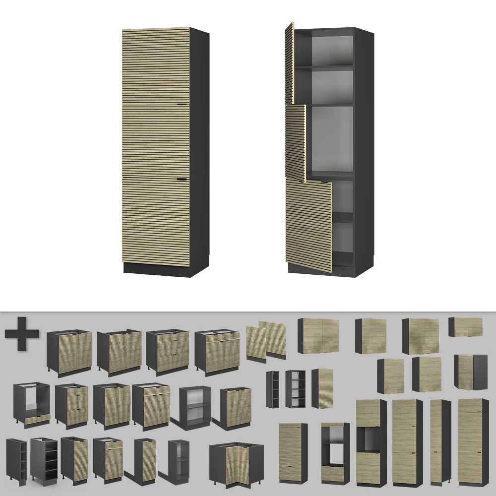 Nahaufnahme von Herdumbauschrank in Eiche Paneel, zeigt Textur/Details