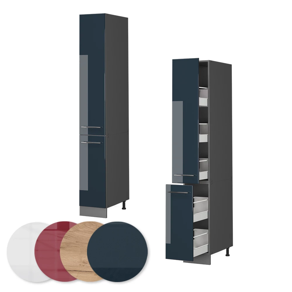 Nahaufnahme von Apothekerhochschrank in Dunkelblau Hochglanz, zeigt Textur/Details