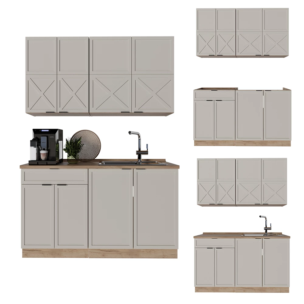 Cucina completa in Grigio/beige/rovere dorato on white background with decorative elements