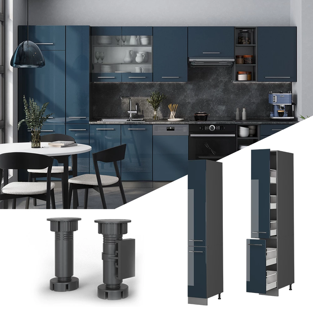 Apothekerhochschrank in Dunkelblau Hochglanz, dargestellt im Ambiente und auf weißem Hintergrund