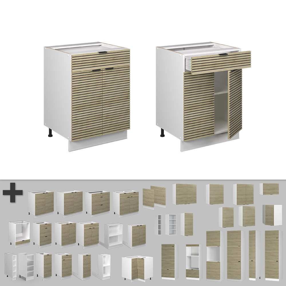 Nahaufnahme von Küchenunterschrank in Eiche Paneel, zeigt Design- und Oberflächendetails