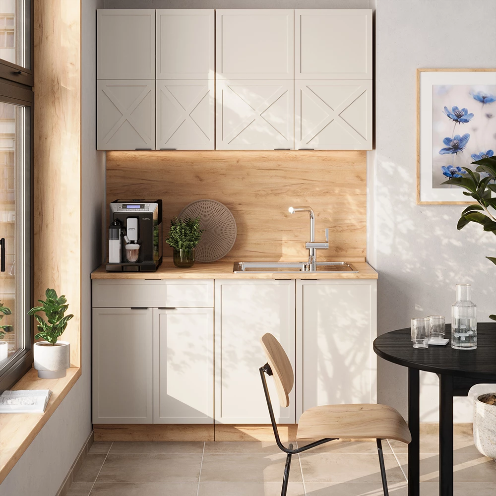 Cocina para solteros en Gris/beige/roble dorado sobre fondo blanco