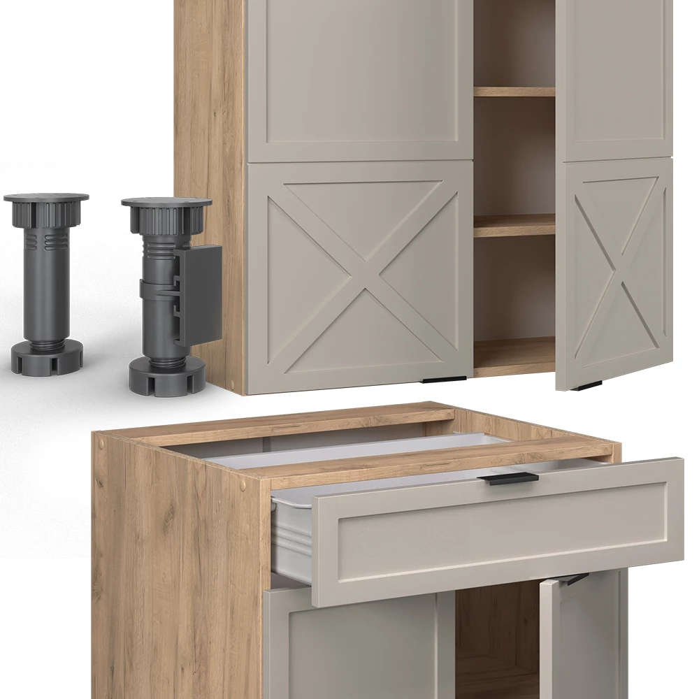 Close-up of Cucina completa in Grigio/beige/rovere dorato, showing texture/details