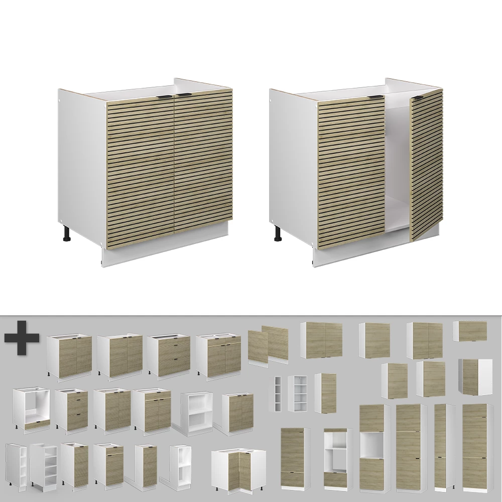 Nahaufnahme von Spülenunterschrank in Eiche Paneel, zeigt Design- und Oberflächendetails