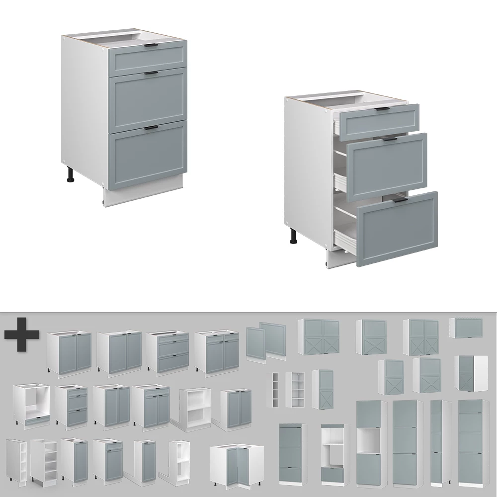 Nahaufnahme von Schubladenunterschrank in Hellblau-grau, zeigt Design- und Oberflächendetails