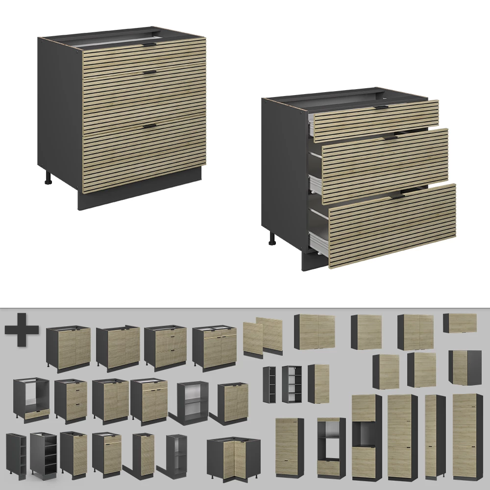 Nahaufnahme von Küchenunterschrank in Eiche Paneel, zeigt Design- und Oberflächendetails