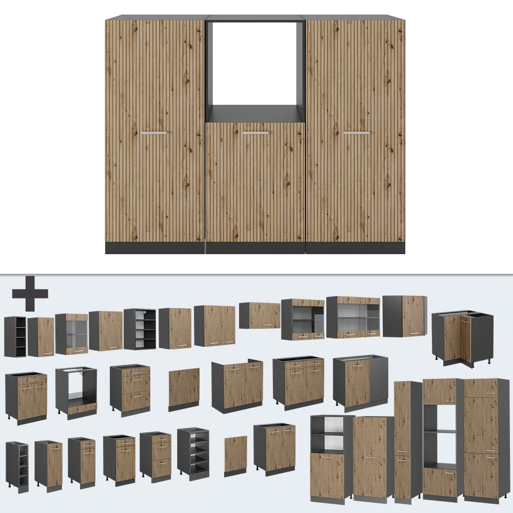 Nahaufnahme von Küchenblock in Artisan Eiche/Anthrazit, zeigt Design- und Oberflächendetails